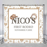 Aperturee - Aperturee Brown Cowboy First Rodeo Custom Name Birthday Backdrop